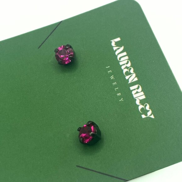 Handmade Fuchsia Swarovski Crystal Stud Earrings | Hematite Plated, Nickel-Free - Picture 4 of 4